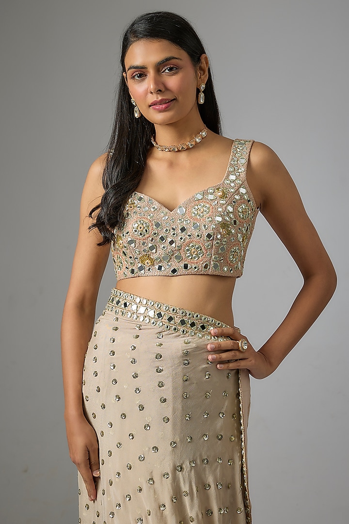 Latte Shade Viscose Chinon Mirror Embroidered Wedding Saree Set by Vana Ethnics at Pernia's Pop Up Shop