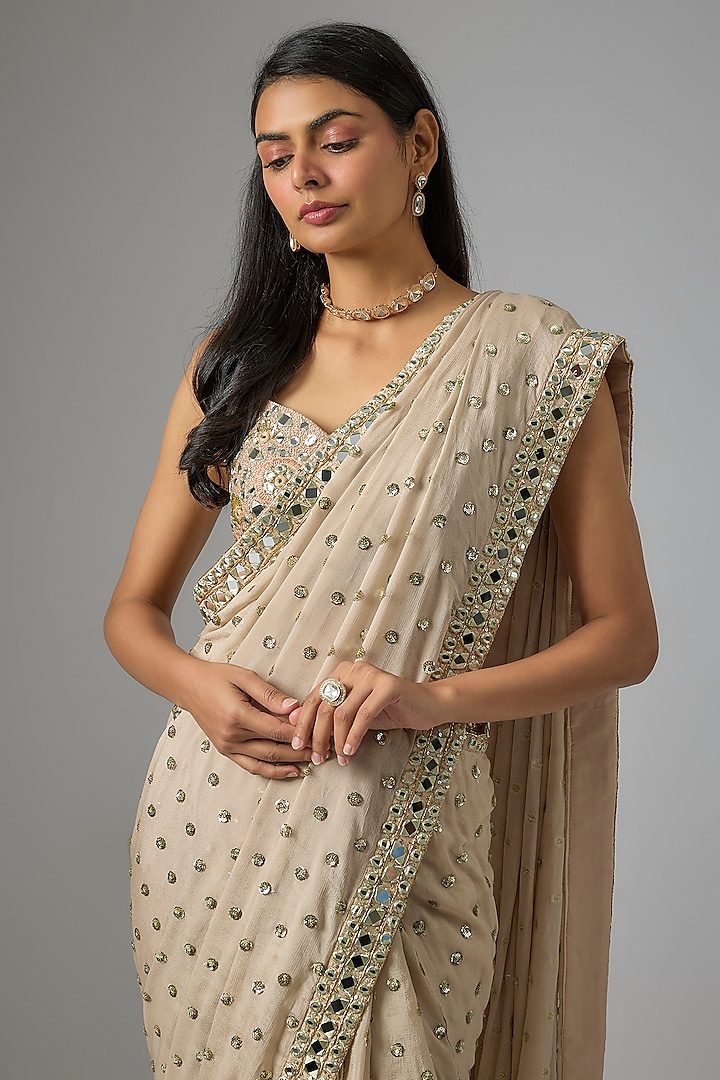 Latte Shade Viscose Chinon Mirror Embroidered Wedding Saree Set by Vana Ethnics at Pernia's Pop Up Shop
