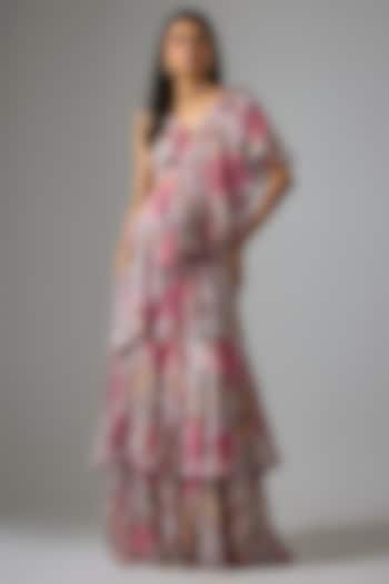 Beige Lurex Chiffon Printed Pre-Draped Ruffled Party Wear Saree Set by Vana Ethnics at Pernia's Pop Up Shop