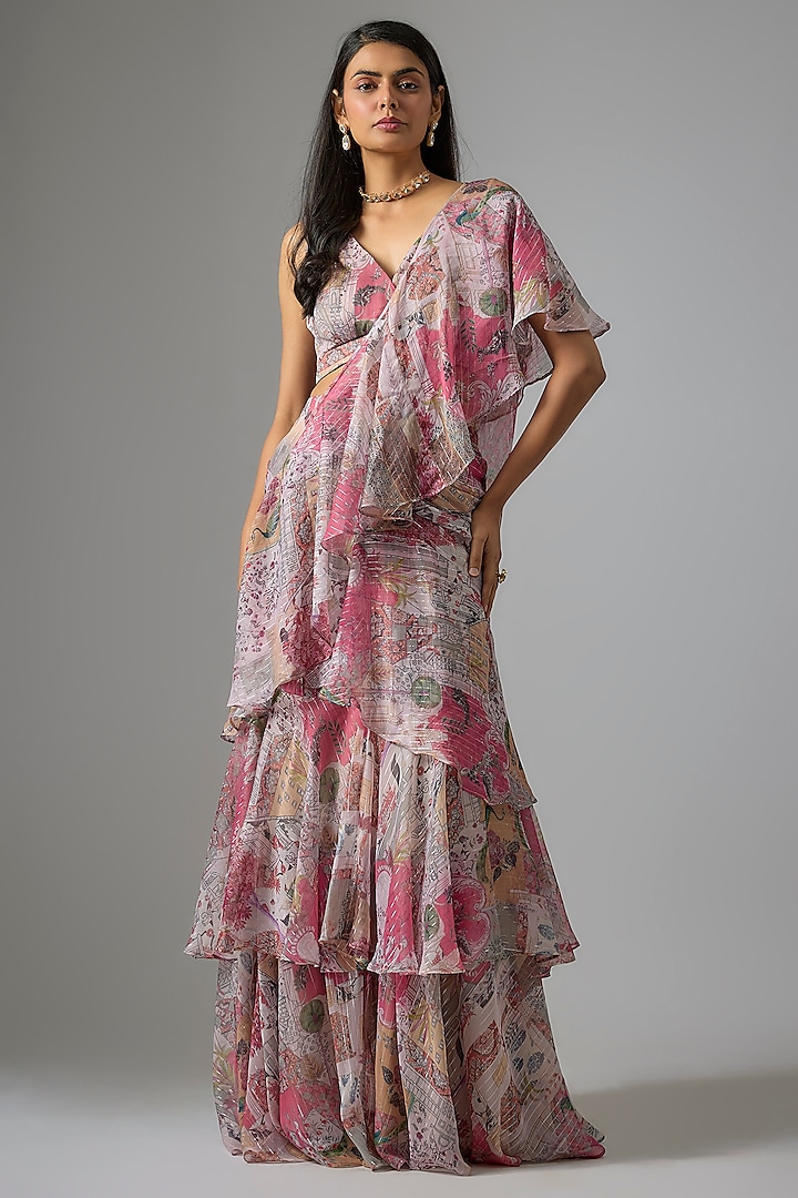 Beige Lurex Chiffon Printed Pre-Draped Ruffled Party Wear Saree Set by Vana Ethnics at Pernia's Pop Up Shop