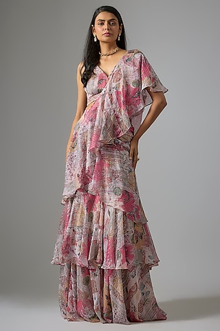 Beige Lurex Chiffon Printed Pre-Draped Ruffled Saree Set by Vana Ethnics