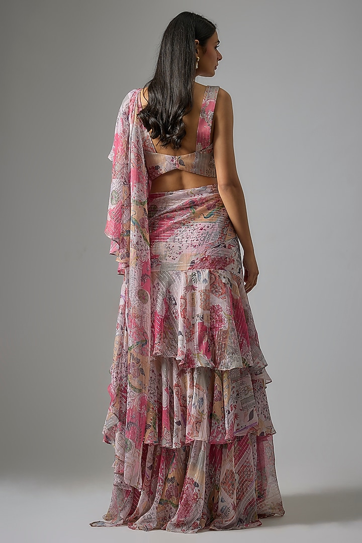 Beige Lurex Chiffon Printed Pre-Draped Ruffled Party Wear Saree Set by Vana Ethnics at Pernia's Pop Up Shop