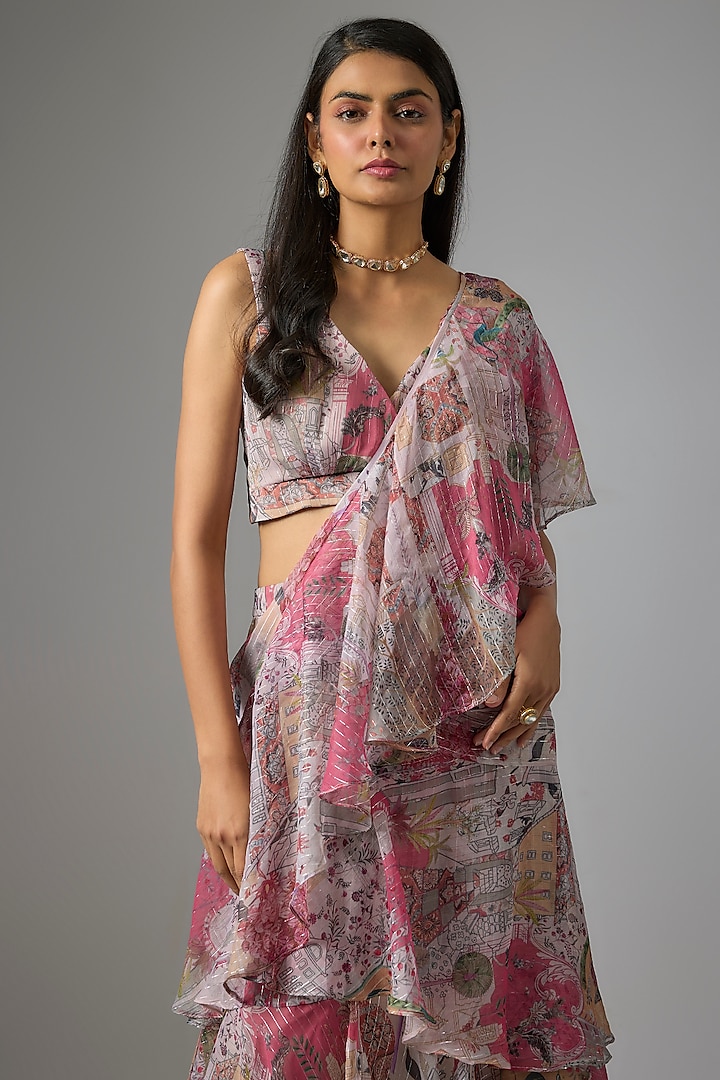 Beige Lurex Chiffon Printed Pre-Draped Ruffled Party Wear Saree Set by Vana Ethnics at Pernia's Pop Up Shop