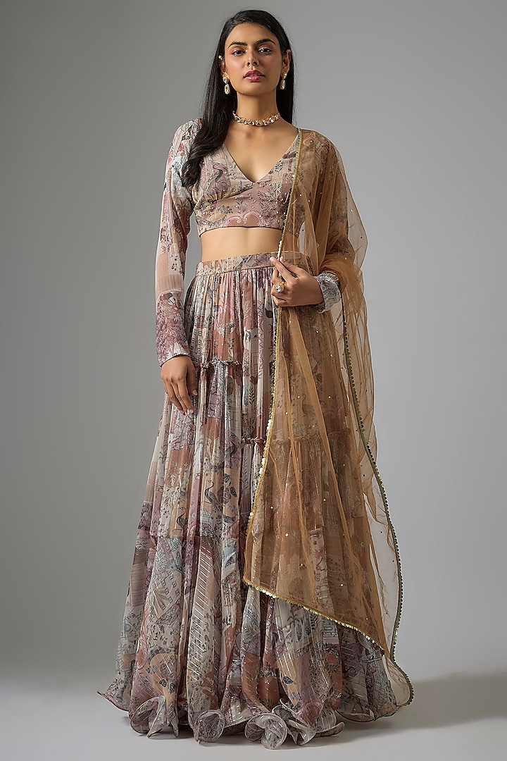 Beige Lurex Chiffon Printed Lehenga Set by Vana Ethnics at Pernia's Pop Up Shop