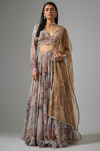 Beige Lurex Chiffon Printed Lehenga Set by Vana Ethnics