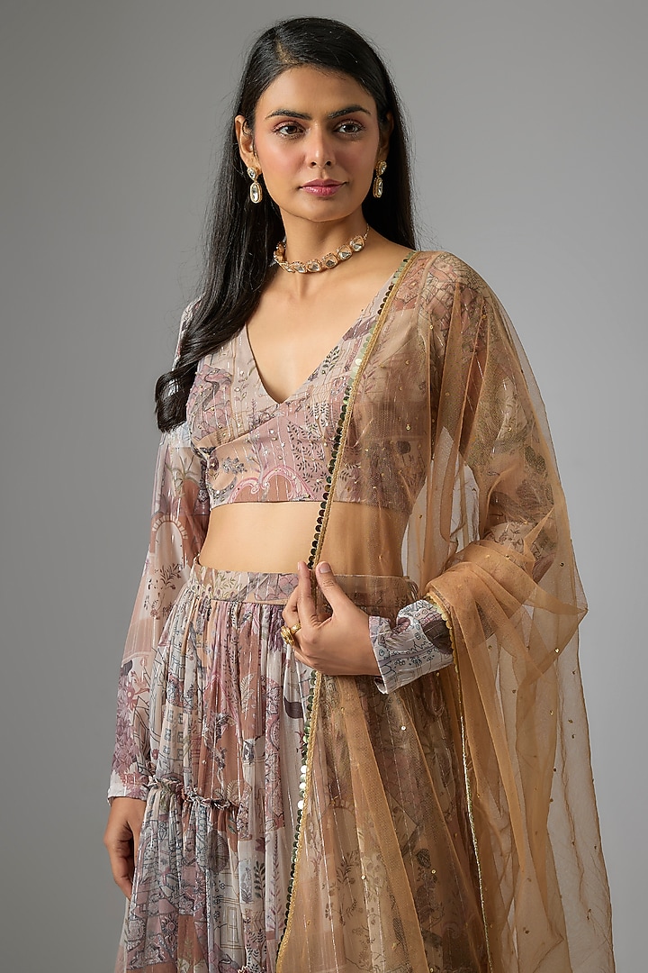 Beige Lurex Chiffon Printed Lehenga Set by Vana Ethnics at Pernia's Pop Up Shop