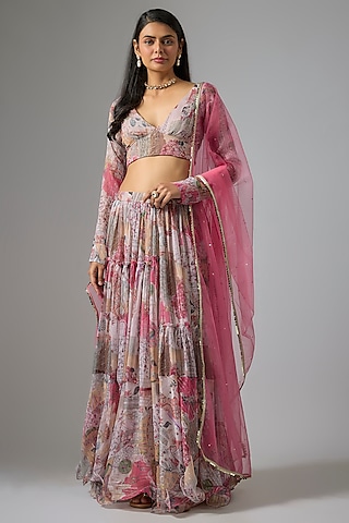 Beige Lurex Chiffon Printed Lehenga Set by Vana Ethnics