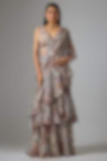 Beige Lurex Chiffon Printed Pre-Draped Ruffled Party Wear Saree Set by Vana Ethnics at Pernia's Pop Up Shop