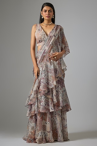 Beige Lurex Chiffon Printed Pre-Draped Ruffled Saree Set by Vana Ethnics