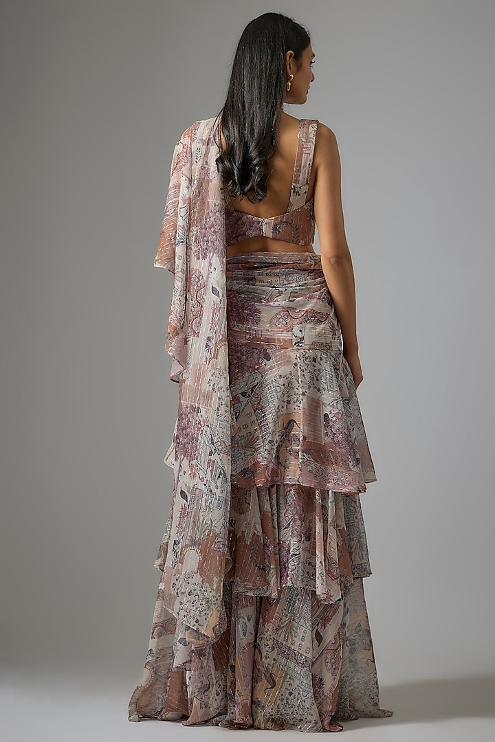 Beige Lurex Chiffon Printed Pre-Draped Ruffled Party Wear Saree Set by Vana Ethnics at Pernia's Pop Up Shop