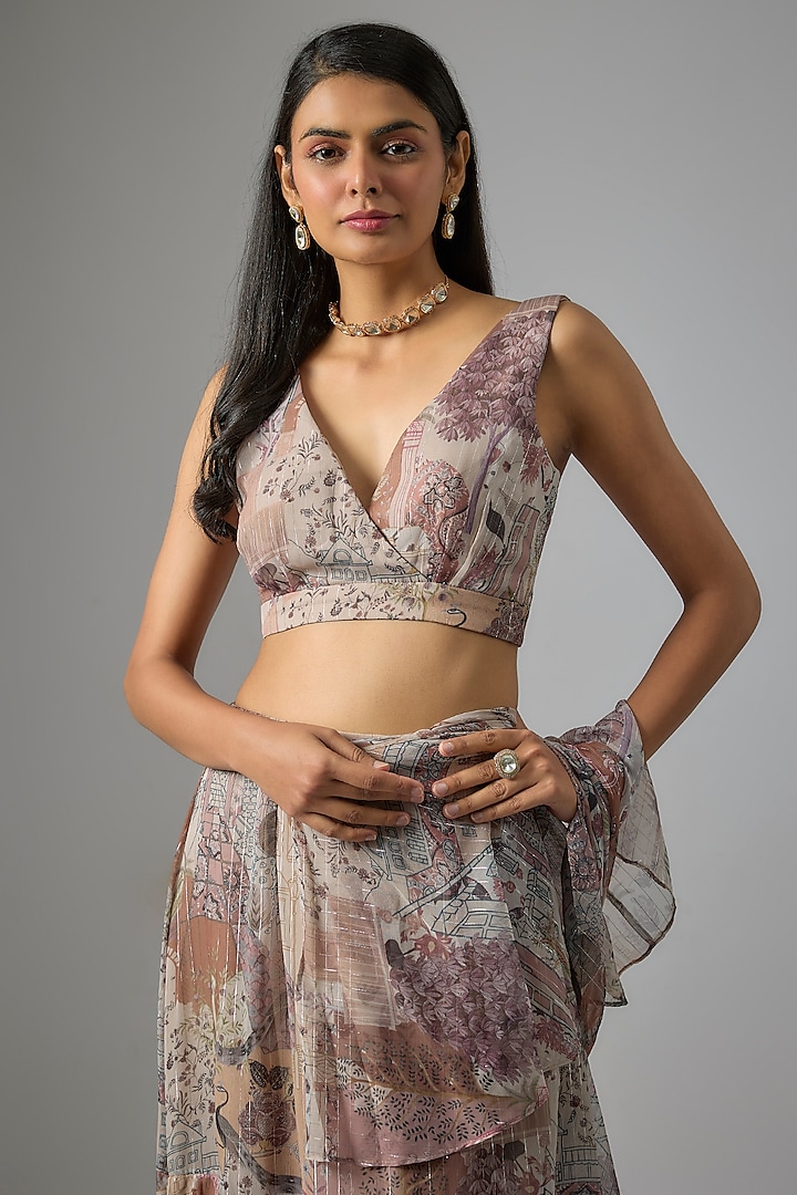 Beige Lurex Chiffon Printed Pre-Draped Ruffled Party Wear Saree Set by Vana Ethnics at Pernia's Pop Up Shop