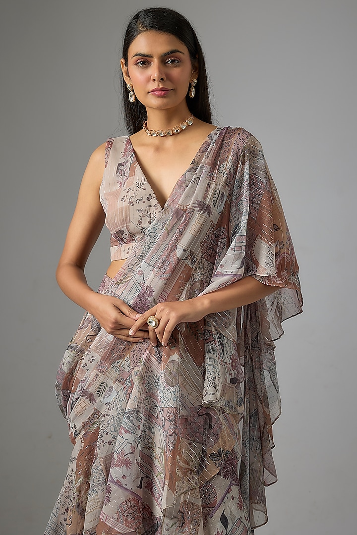 Beige Lurex Chiffon Printed Pre-Draped Ruffled Party Wear Saree Set by Vana Ethnics at Pernia's Pop Up Shop