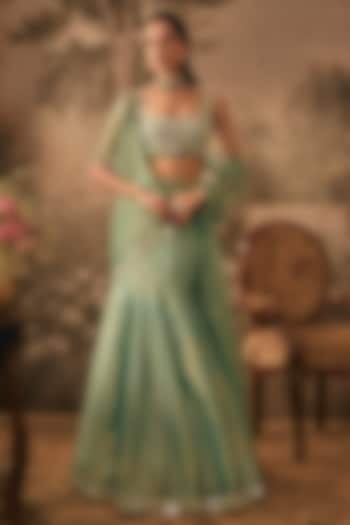 Sea Green Tissue Fish-Cut Wedding Lehenga Set by VANA ETHNICS at Pernia's Pop Up Shop