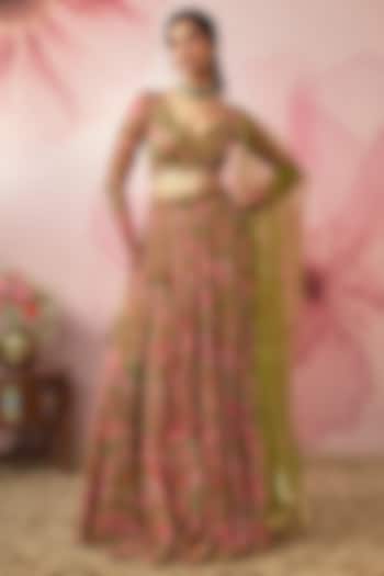 Green Lurex Chiffon Paisley Printed Wedding Lehenga Set by VANA ETHNICS at Pernia's Pop Up Shop
