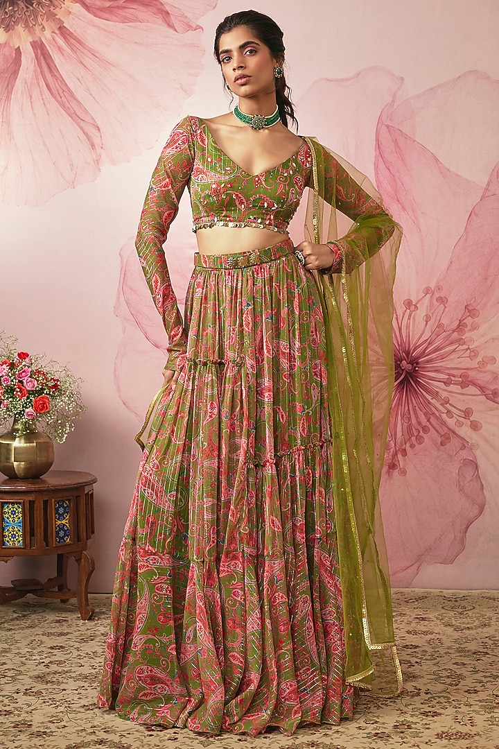 Green Lurex Chiffon Paisley Printed Wedding Lehenga Set by VANA ETHNICS at Pernia's Pop Up Shop