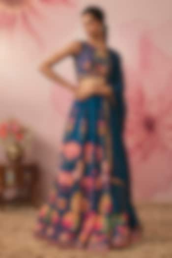 Midnight Blue Georgette Floral Printed Wedding Lehenga Set by VANA ETHNICS at Pernia's Pop Up Shop