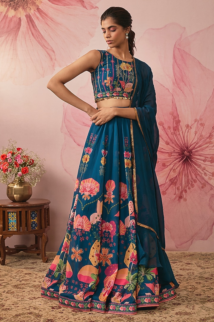 Midnight Blue Georgette Floral Printed Wedding Lehenga Set by VANA ETHNICS at Pernia's Pop Up Shop