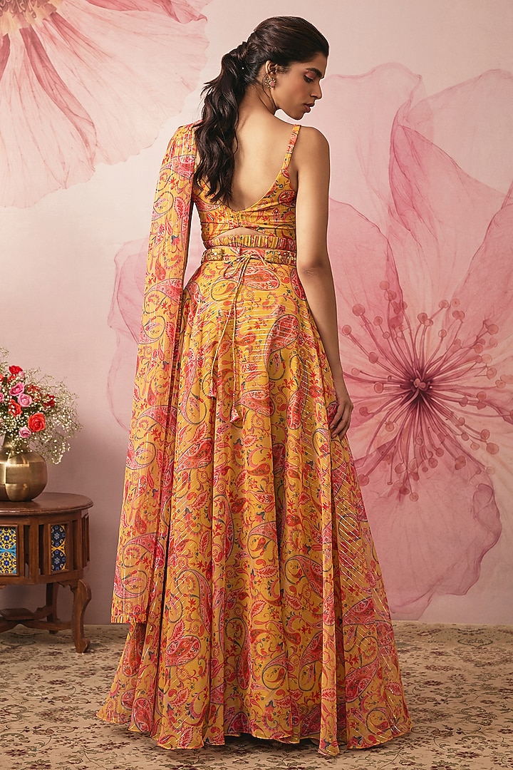 Yellow Lurex Chiffon Paisley Printed Wedding Lehenga Set by VANA ETHNICS at Pernia's Pop Up Shop