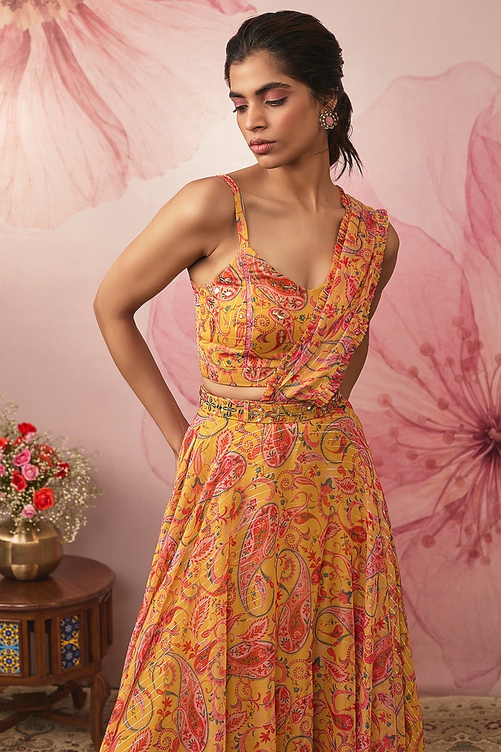 Yellow Lurex Chiffon Paisley Printed Wedding Lehenga Set by VANA ETHNICS at Pernia's Pop Up Shop