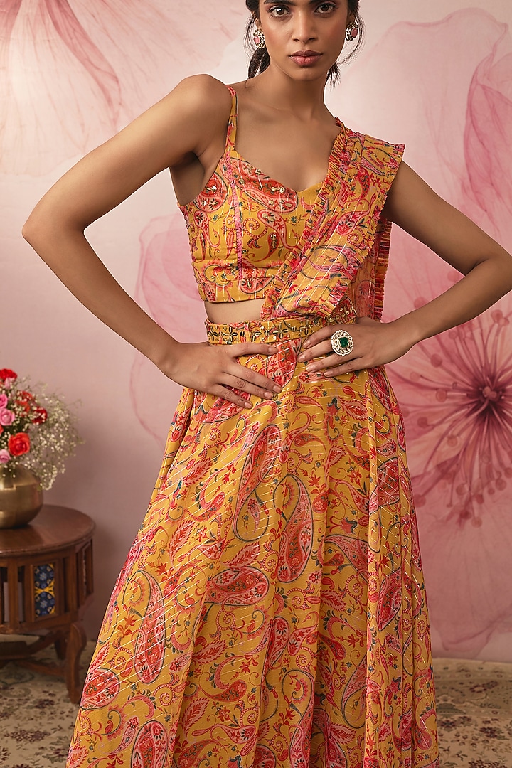 Yellow Lurex Chiffon Paisley Printed Wedding Lehenga Set by VANA ETHNICS at Pernia's Pop Up Shop