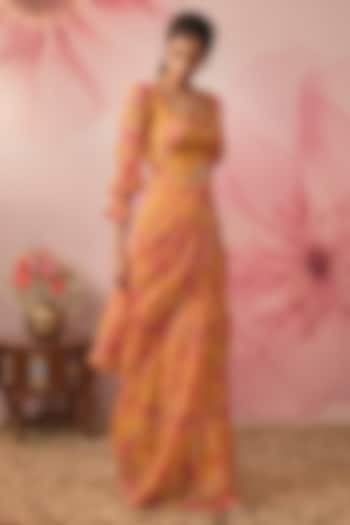 Yellow Lurex Chiffon Paisley Printed Pre-Draped Party Wear Saree Set by VANA ETHNICS at Pernia's Pop Up Shop