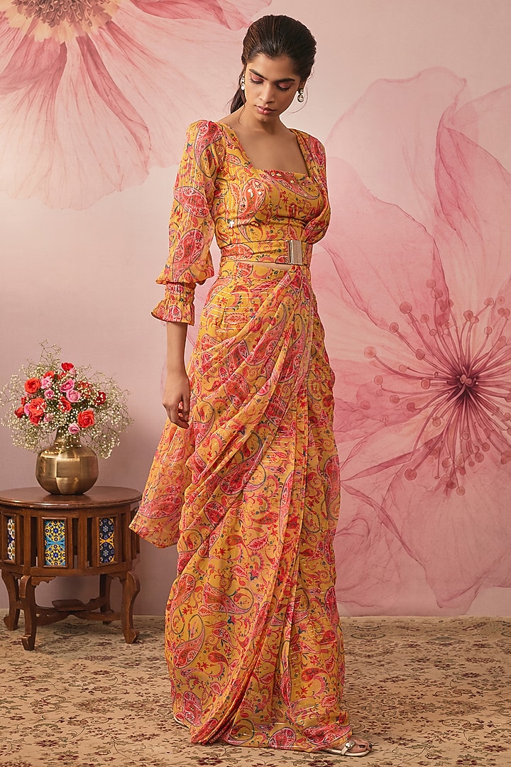 Yellow Lurex Chiffon Paisley Printed Pre-Draped Party Wear Saree Set by VANA ETHNICS at Pernia's Pop Up Shop