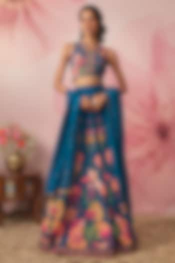 Midnight Blue Georgette Floral Printed Wedding Lehenga Set by VANA ETHNICS at Pernia's Pop Up Shop
