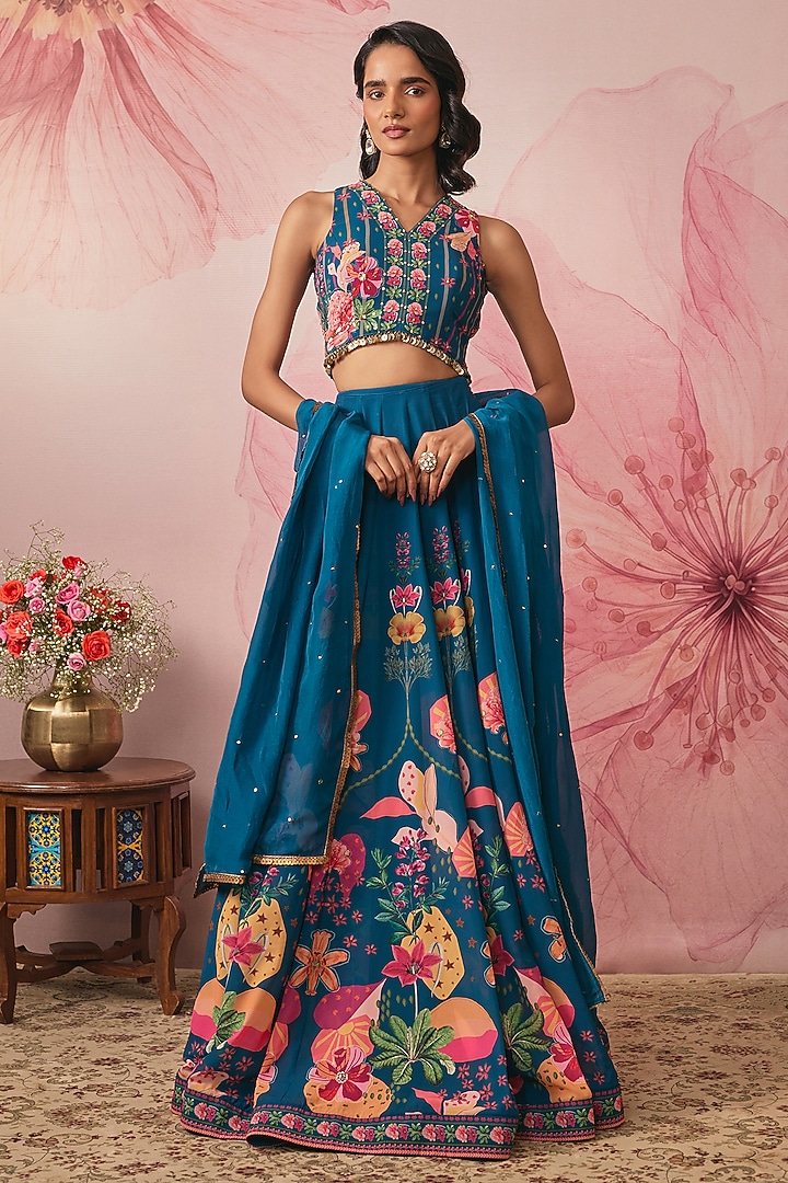 Midnight Blue Georgette Floral Printed Wedding Lehenga Set by VANA ETHNICS at Pernia's Pop Up Shop