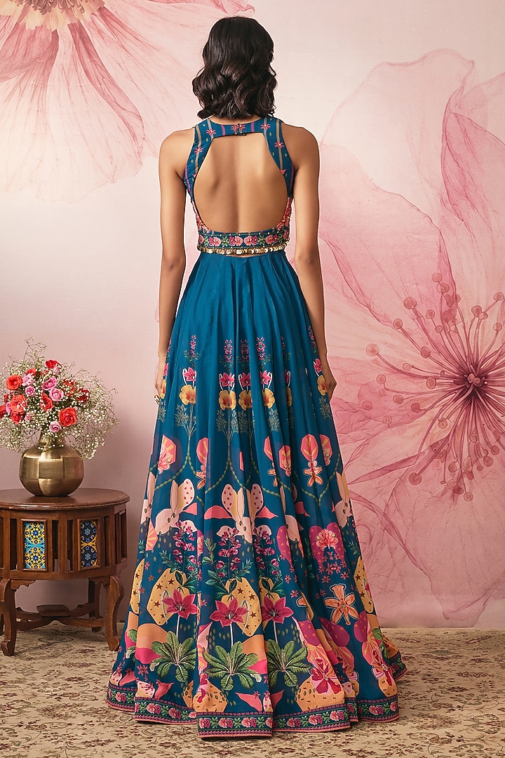Midnight Blue Georgette Floral Printed Wedding Lehenga Set by VANA ETHNICS at Pernia's Pop Up Shop