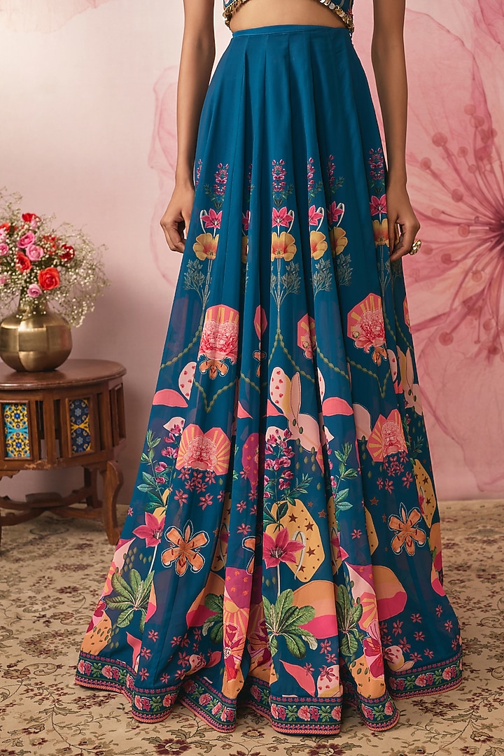 Midnight Blue Georgette Floral Printed Wedding Lehenga Set by VANA ETHNICS at Pernia's Pop Up Shop