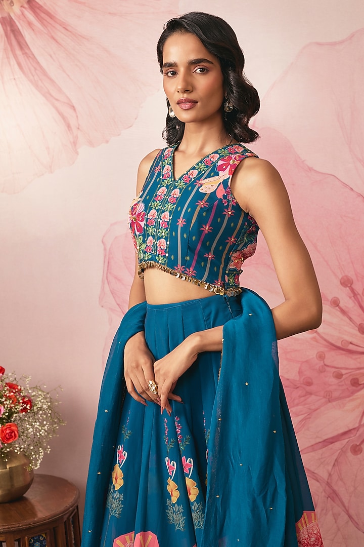 Midnight Blue Georgette Floral Printed Wedding Lehenga Set by VANA ETHNICS at Pernia's Pop Up Shop