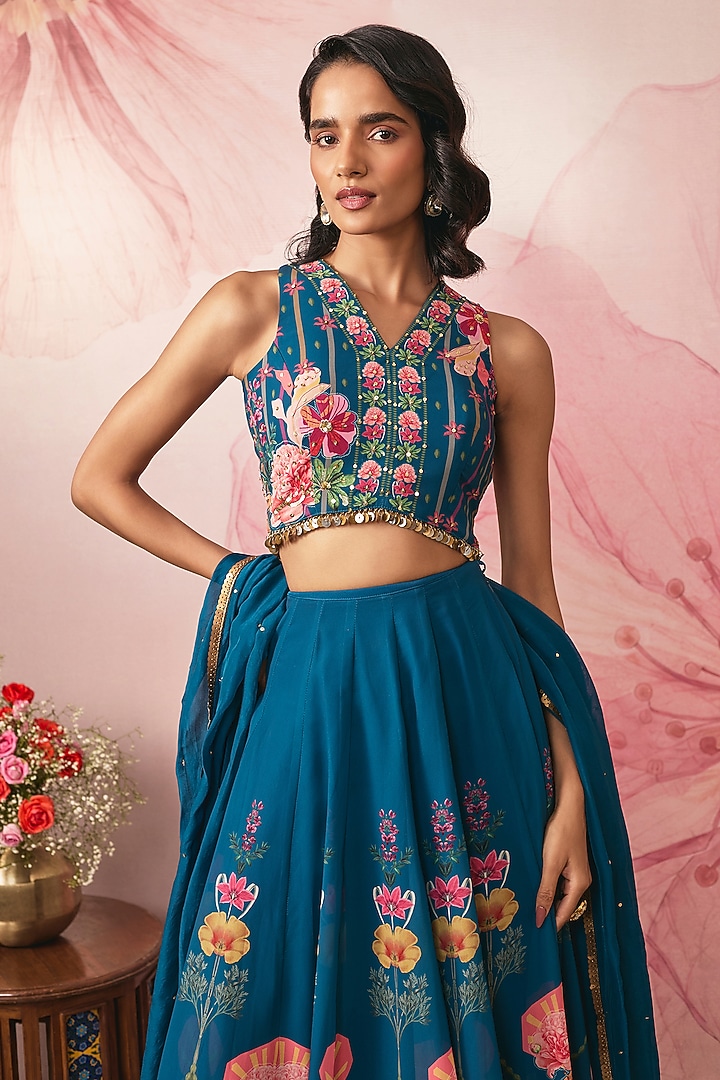 Midnight Blue Georgette Floral Printed Wedding Lehenga Set by VANA ETHNICS at Pernia's Pop Up Shop