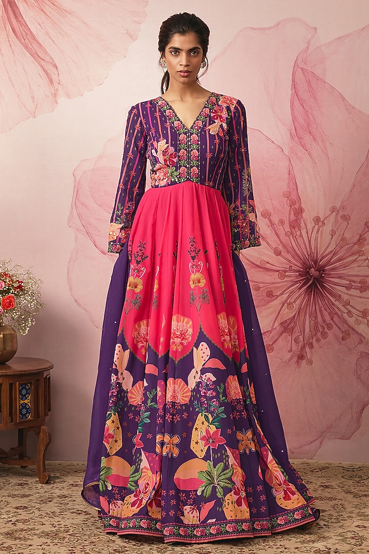 Violet Georgette Floral Printed Engagement Gown With Dupatta by VANA ETHNICS at Pernia's Pop Up Shop