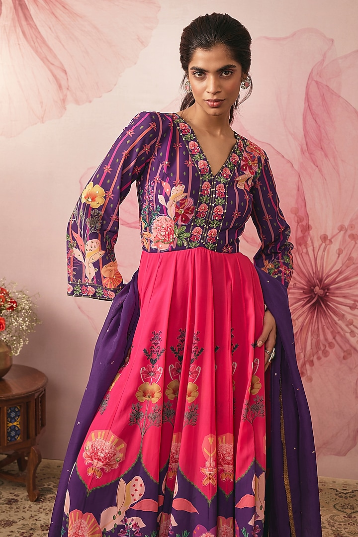 Violet Georgette Floral Printed Engagement Gown With Dupatta by VANA ETHNICS at Pernia's Pop Up Shop