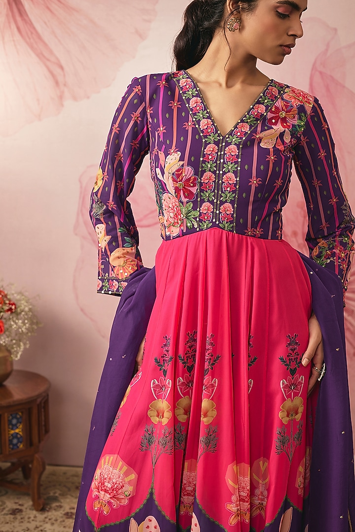Violet Georgette Floral Printed Engagement Gown With Dupatta by VANA ETHNICS at Pernia's Pop Up Shop