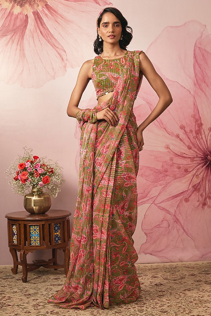 Green Lurex Chiffon Paisley Printed Pre-Draped Party Wear Saree Set by VANA ETHNICS at Pernia's Pop Up Shop