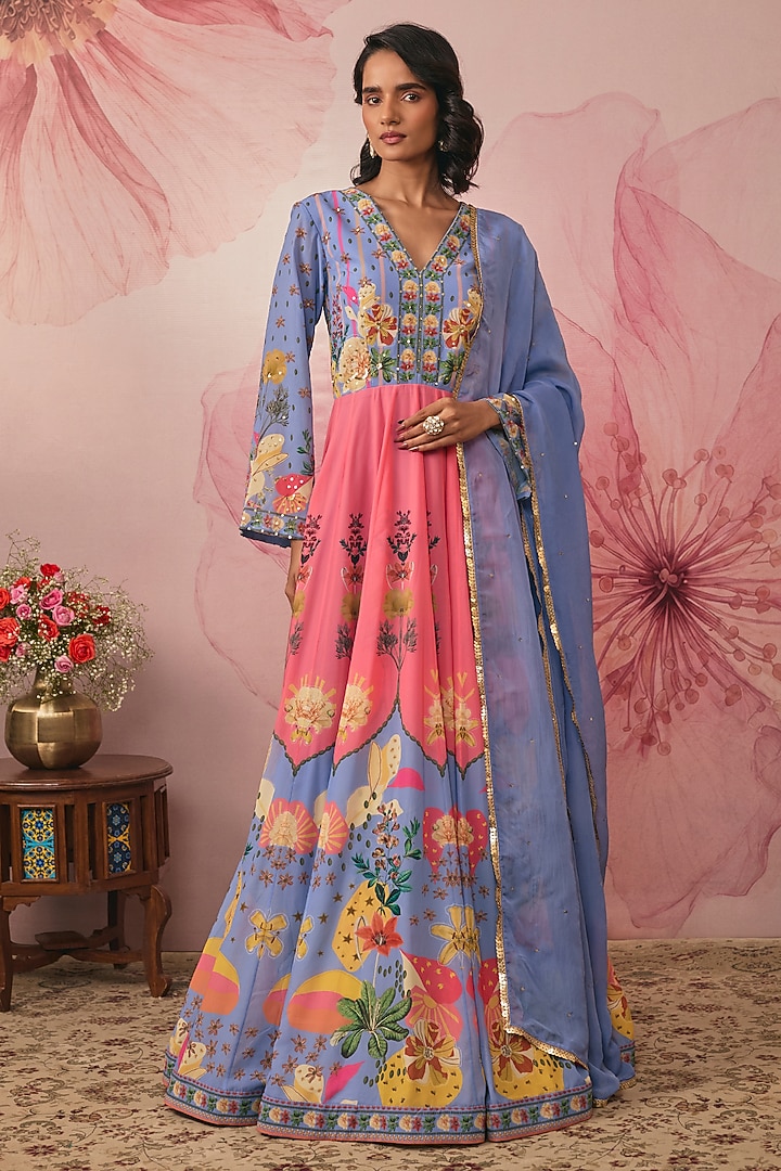 Lilac Georgette Floral Printed Engagement Gown With Dupatta by VANA ETHNICS at Pernia's Pop Up Shop