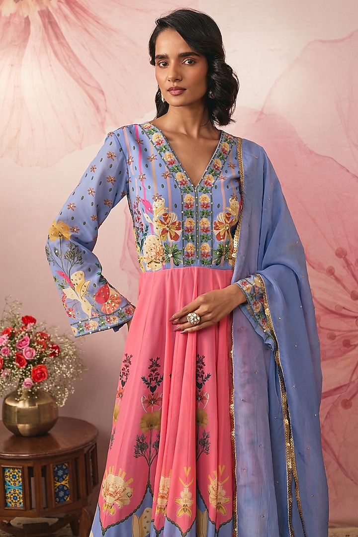 Lilac Georgette Floral Printed Engagement Gown With Dupatta by VANA ETHNICS at Pernia's Pop Up Shop