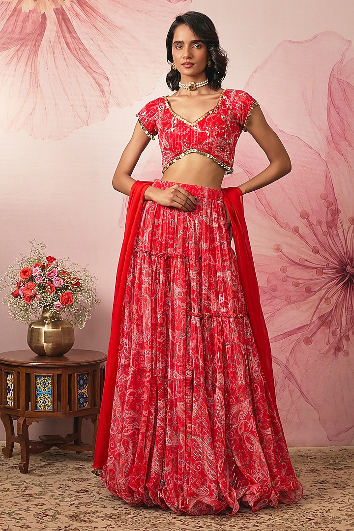 Red Lurex Chiffon Paisley Printed Wedding Lehenga Set by VANA ETHNICS at Pernia's Pop Up Shop
