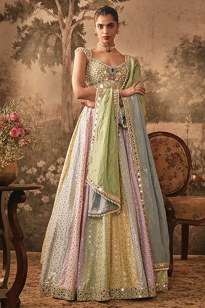 Multicoloured Flat Silk Sequins Embroidered Wedding Lehenga Set by VANA ETHNICS at Pernia's Pop Up Shop