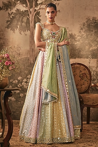 Multicoloured Flat Silk Sequins Embroidered Lehenga Set by VANA ETHNICS