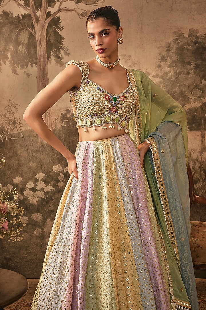 Multicoloured Flat Silk Sequins Embroidered Wedding Lehenga Set by VANA ETHNICS at Pernia's Pop Up Shop