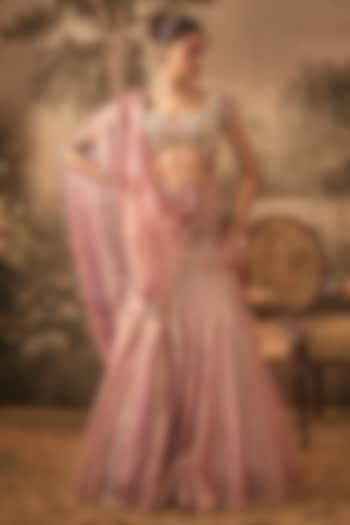 Dusty Rose Pink Tissue Fish-Cut Wedding Lehenga Set by VANA ETHNICS at Pernia's Pop Up Shop