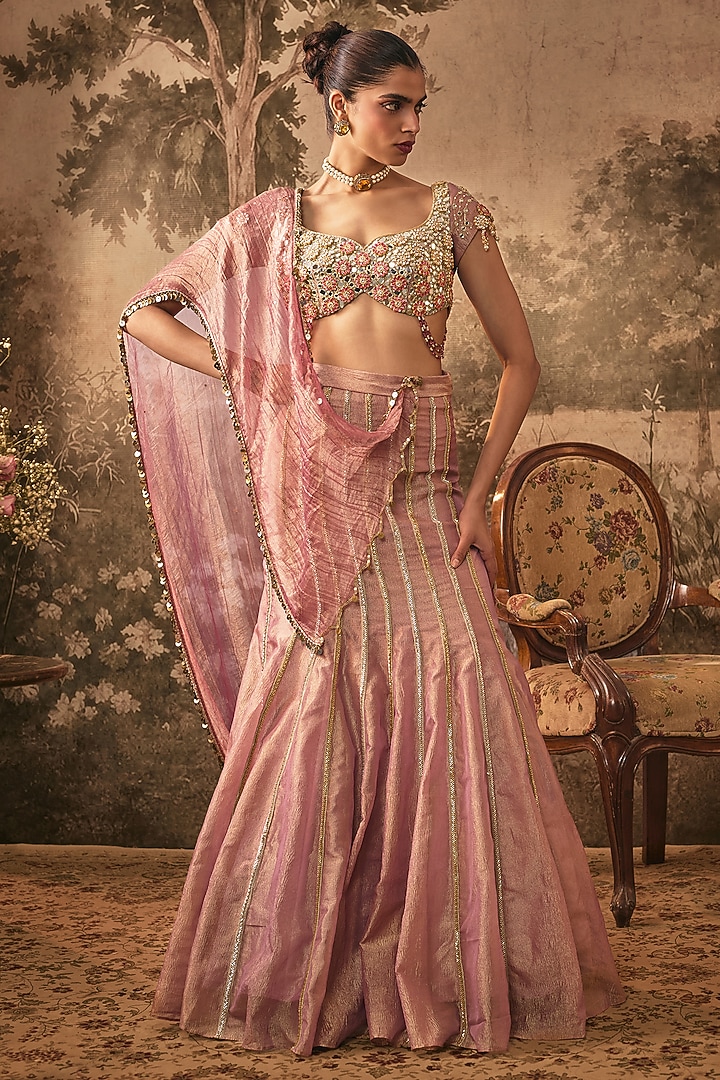 Dusty Rose Pink Tissue Fish-Cut Wedding Lehenga Set by VANA ETHNICS at Pernia's Pop Up Shop