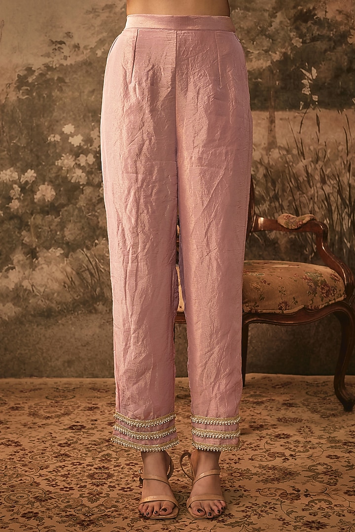 Blush Pink Jacquard Tissue Strappy Kurta Set by VANA ETHNICS at Pernia's Pop Up Shop