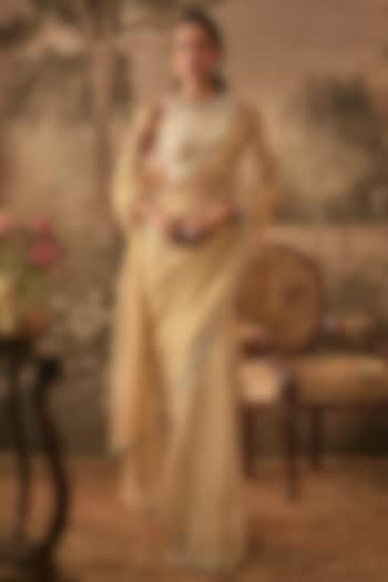 Champagne Gold Jacquard Tissue Pre-Pleated Wedding Saree Set by VANA ETHNICS at Pernia's Pop Up Shop