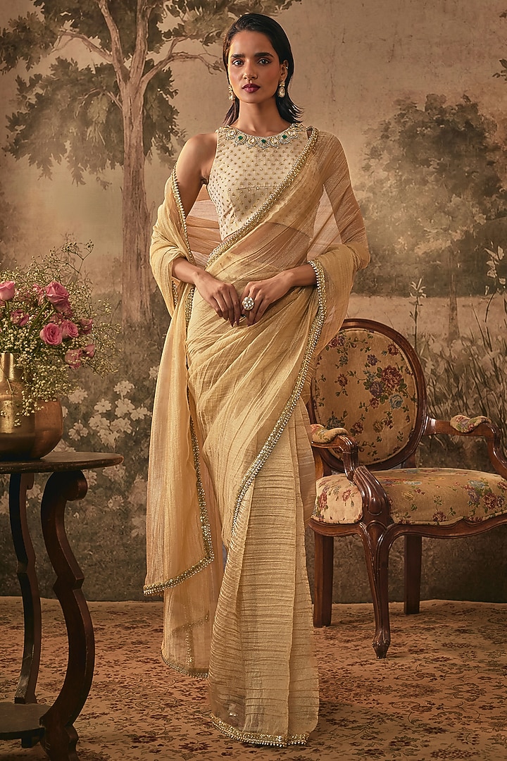 Champagne Gold Jacquard Tissue Pre-Pleated Wedding Saree Set by VANA ETHNICS at Pernia's Pop Up Shop