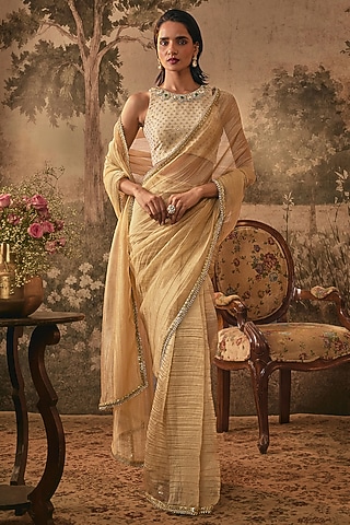 Champagne Gold Jacquard Tissue Pre-Pleated Saree Set by VANA ETHNICS