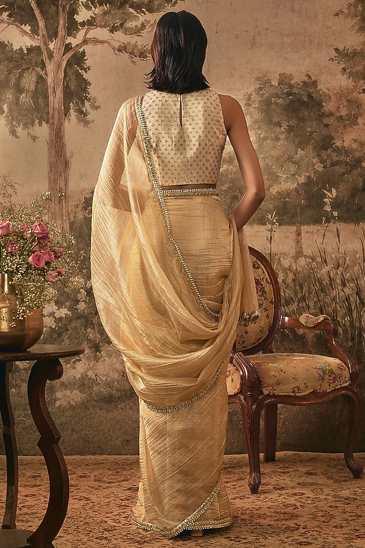 Champagne Gold Jacquard Tissue Sequins Embellished Wedding Saree Set by VANA ETHNICS at Pernia's Pop Up Shop