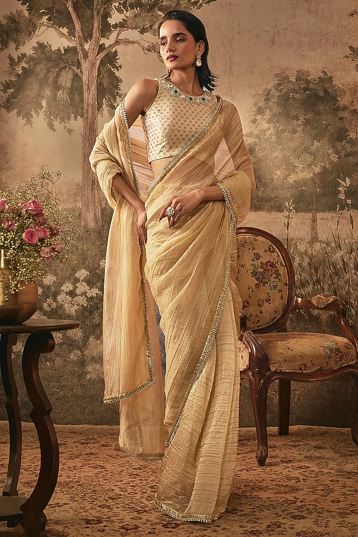 Champagne Gold Jacquard Tissue Sequins Embellished Wedding Saree Set by VANA ETHNICS at Pernia's Pop Up Shop